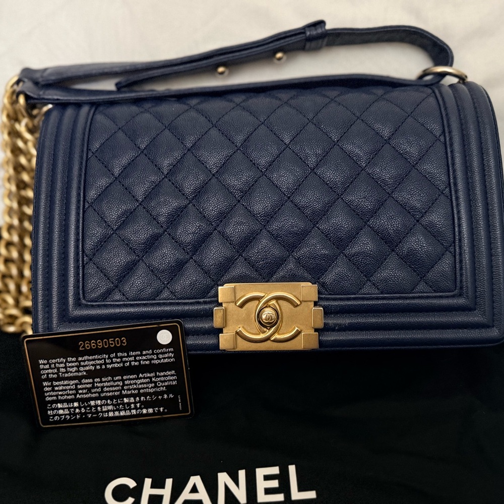 Chanel Navy Quilted Shoulder Bag with Gold Hardware